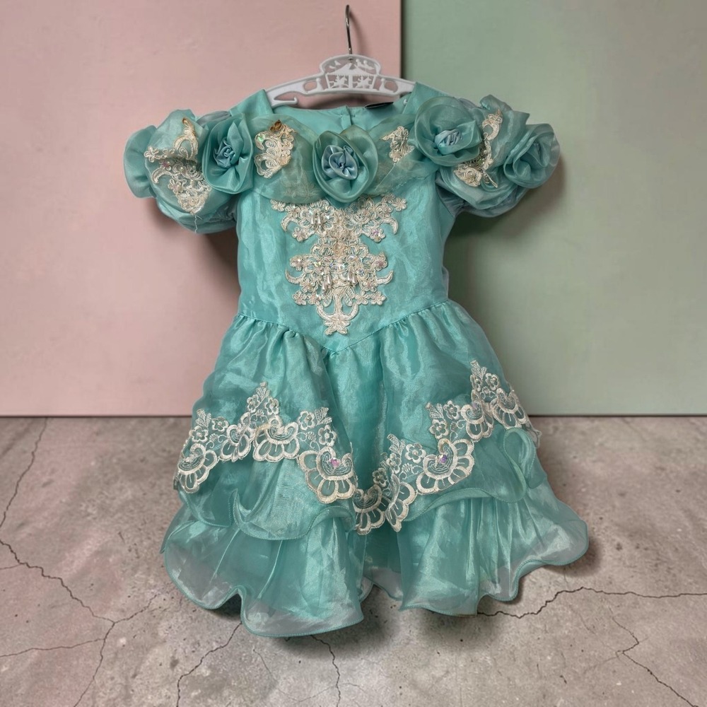 Vintage KID Collection Girls Aqua Pageant Dress Lace Pearl Heart Back Size 8